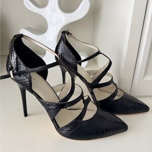 KAREN MILLEN Snake Print Leather Black Strappy Wrap Caged Heels Womens SZ 10 NEW